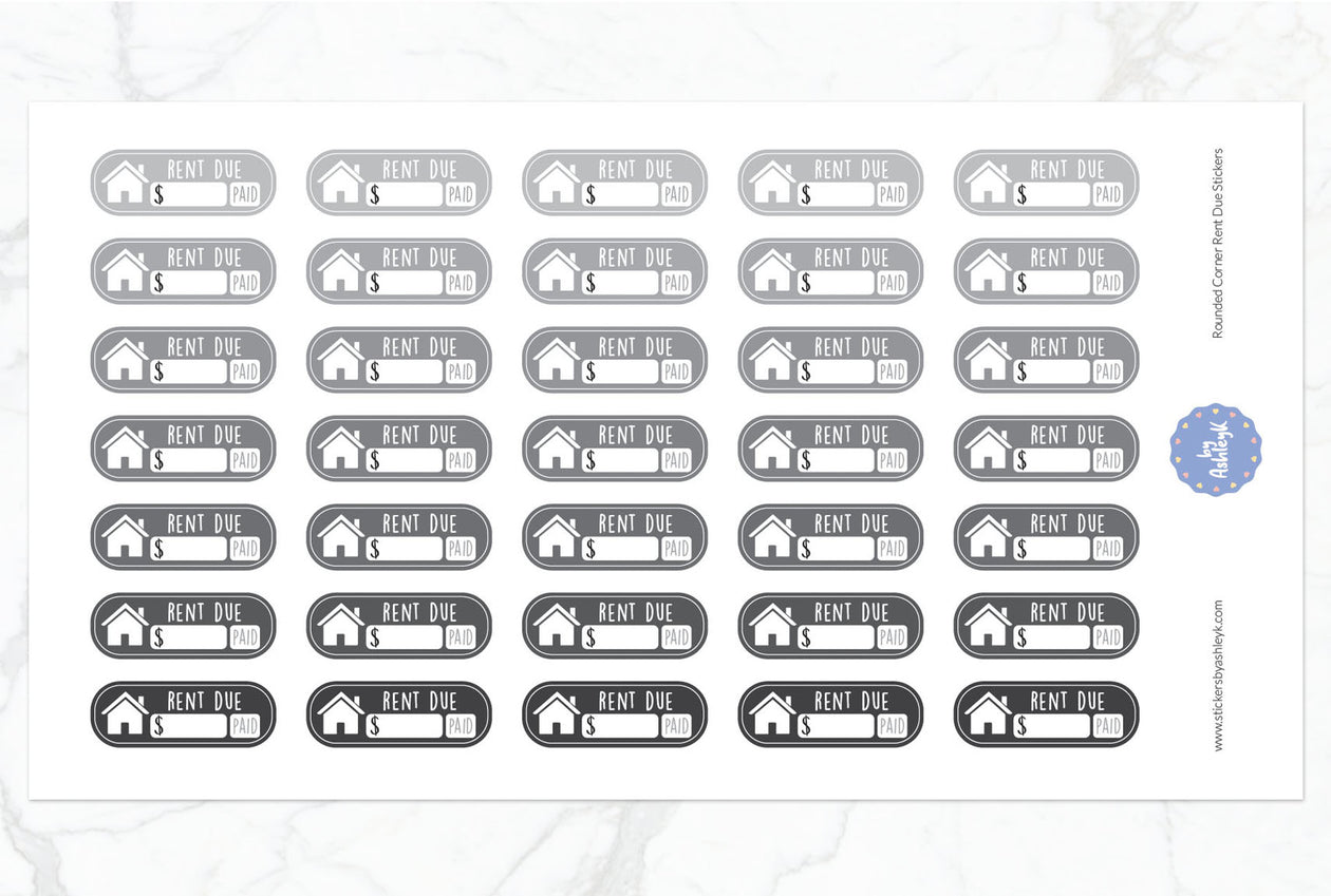 Rent Due Rounded Corner Planner Stickers - Monochrome