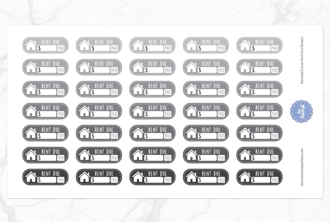 Rent Due Rounded Corner Planner Stickers - Monochrome