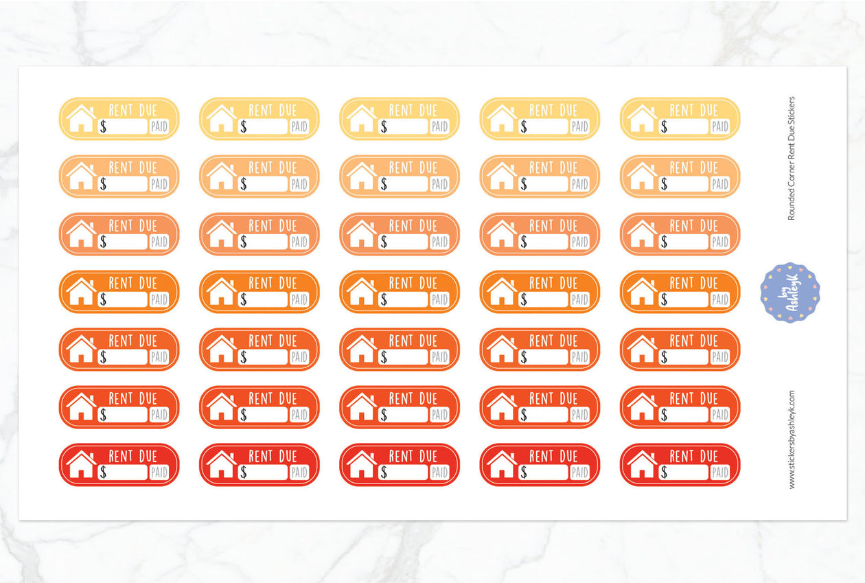 Rent Due Rounded Corner Planner Stickers - Orange