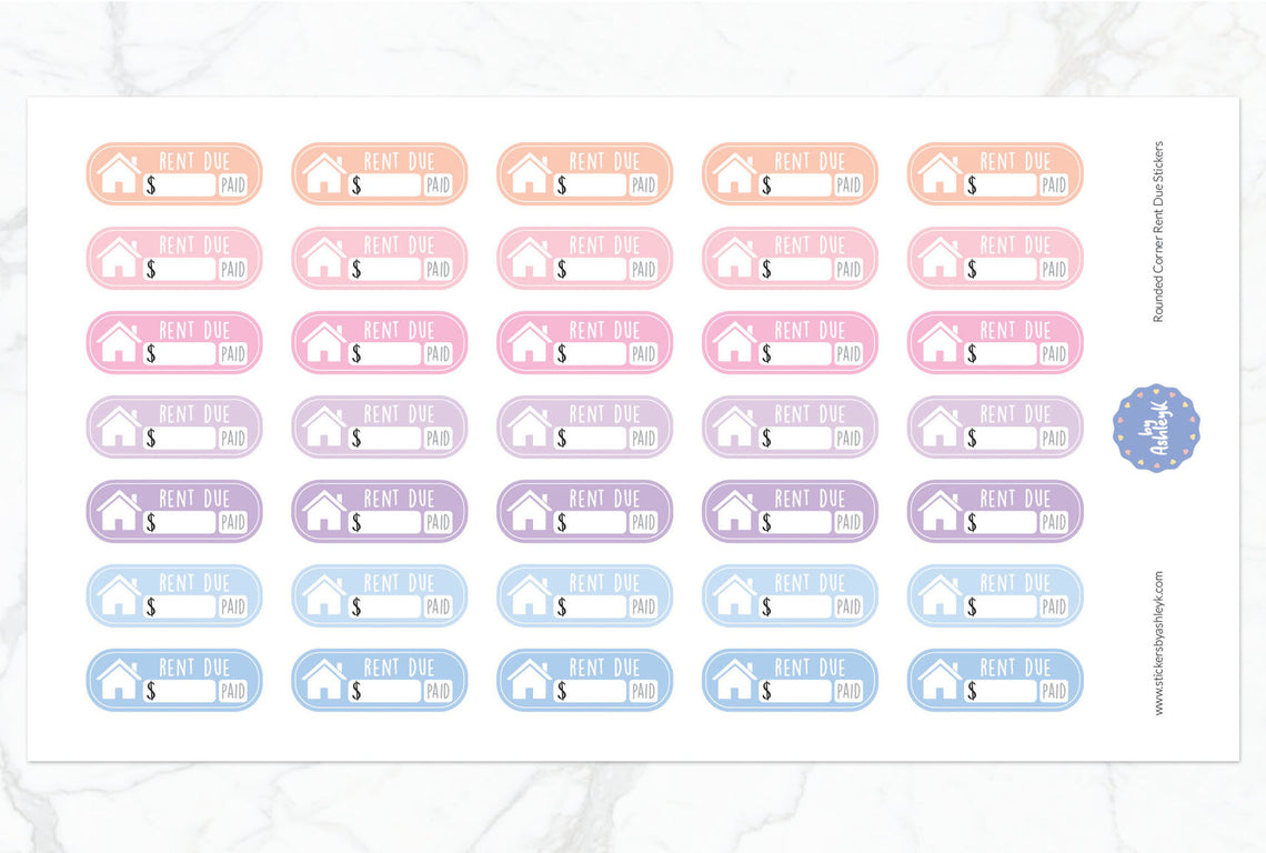 Rent Due Rounded Corner Planner Stickers - Pastel Sunset