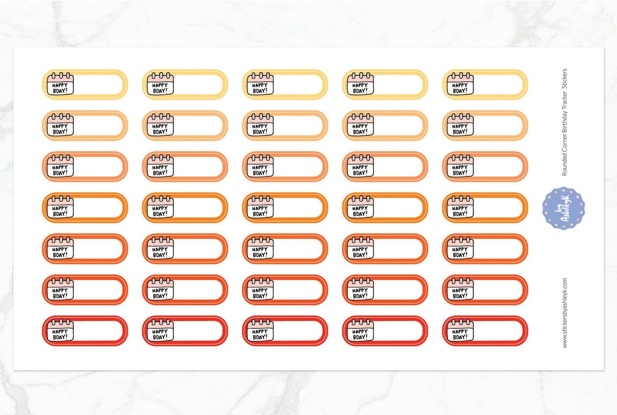 Rounded Corner Birthday Tracker Planner Stickers - Orange