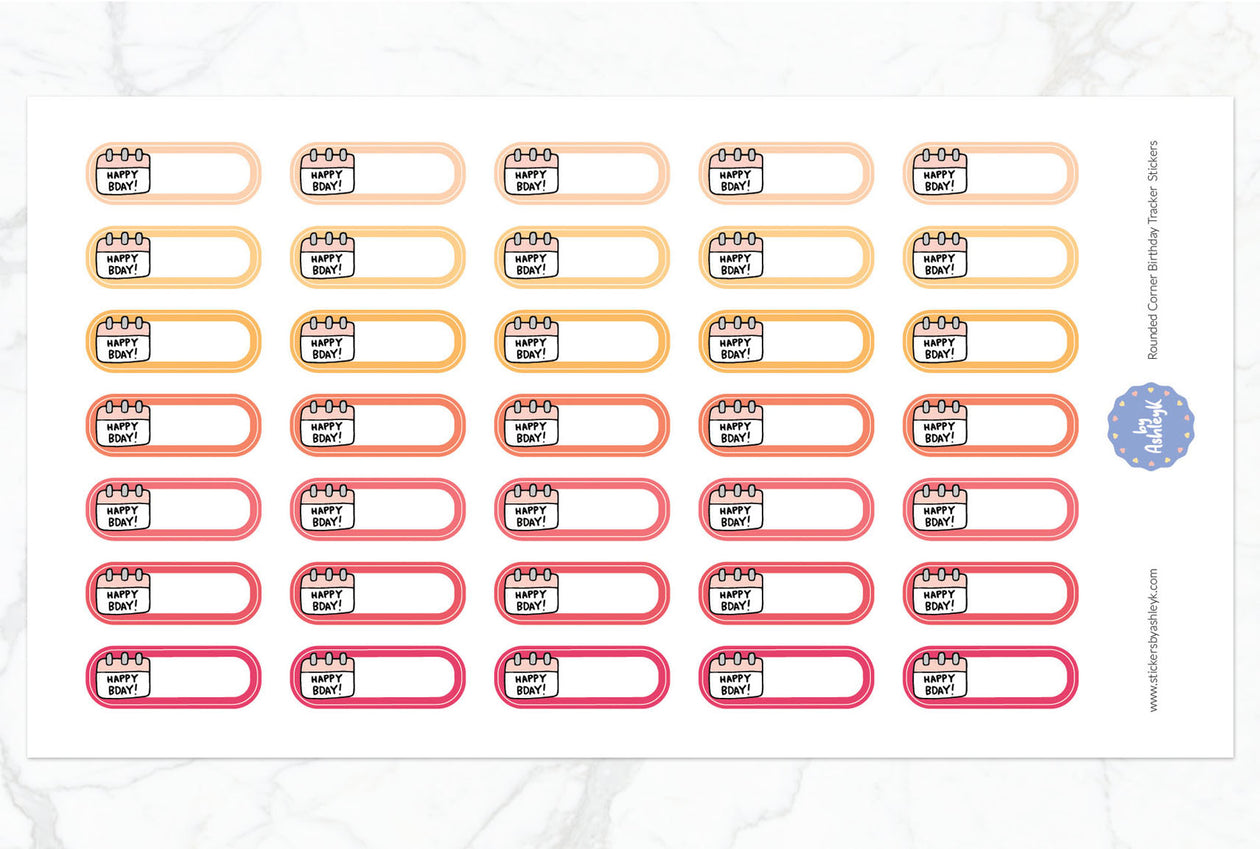 Rounded Corner Birthday Tracker Planner Stickers - Peach