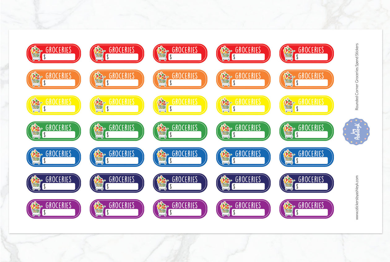 Rounded Corner Grocery Spend Planner Stickers - Rainbow