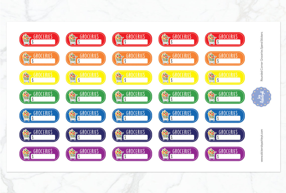 Rounded Corner Grocery Spend Planner Stickers - Rainbow