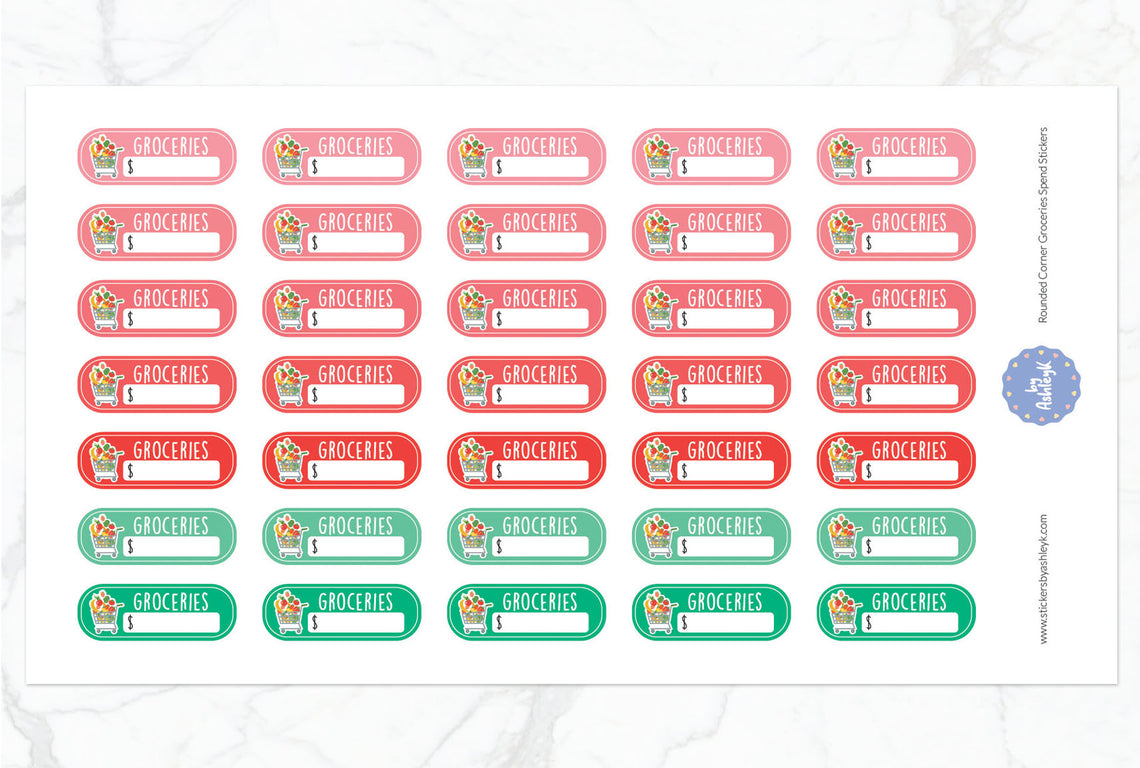 Rounded Corner Grocery Spend Planner Stickers - Watermelon