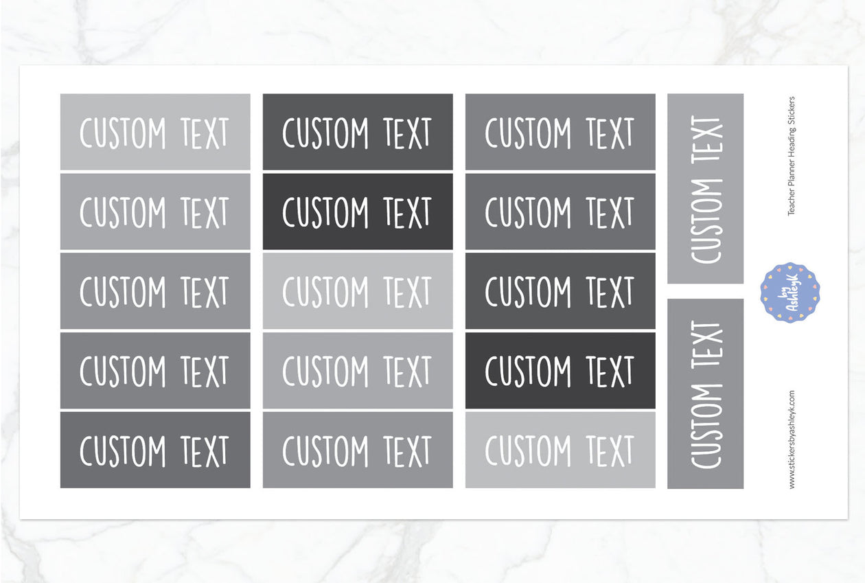 Teacher Planner Custom Text Heading Planner Stickers - Monochrome