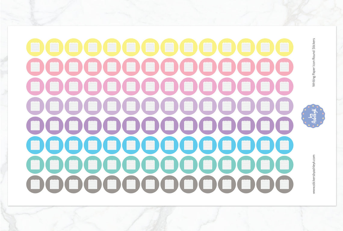 Writing Paper Icon Round Planner Stickers - Pastel