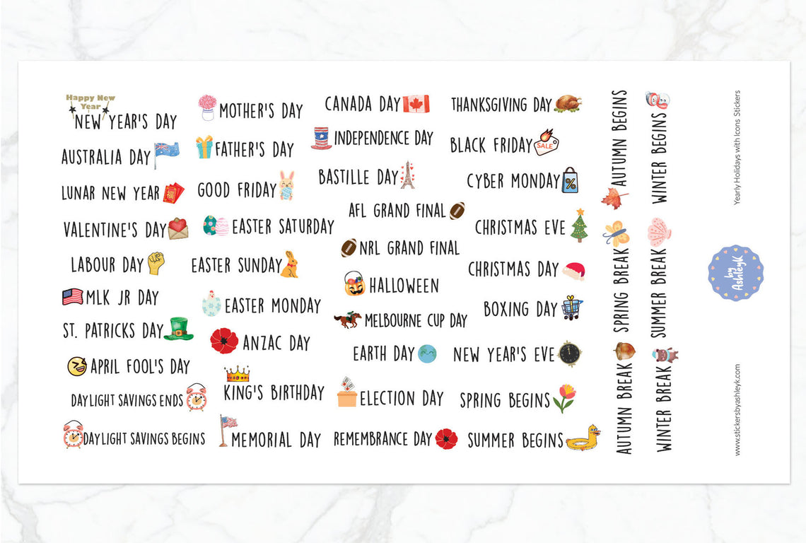 Yearly Public Holiday with Icons Planner Stickers