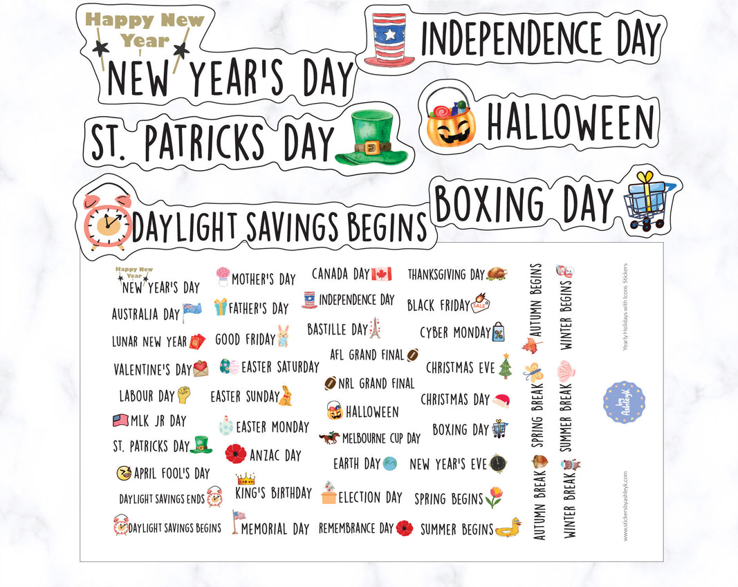 Yearly Holidays With Icons Planner Stickers