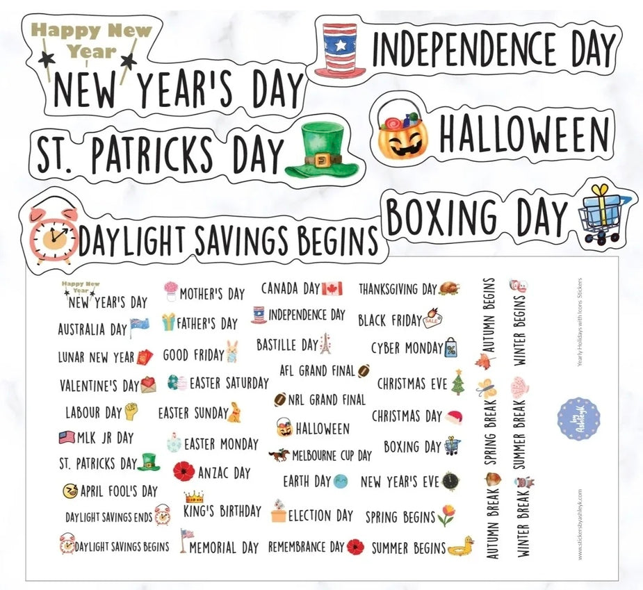 Yearly Public Holiday with Icons Planner Stickers