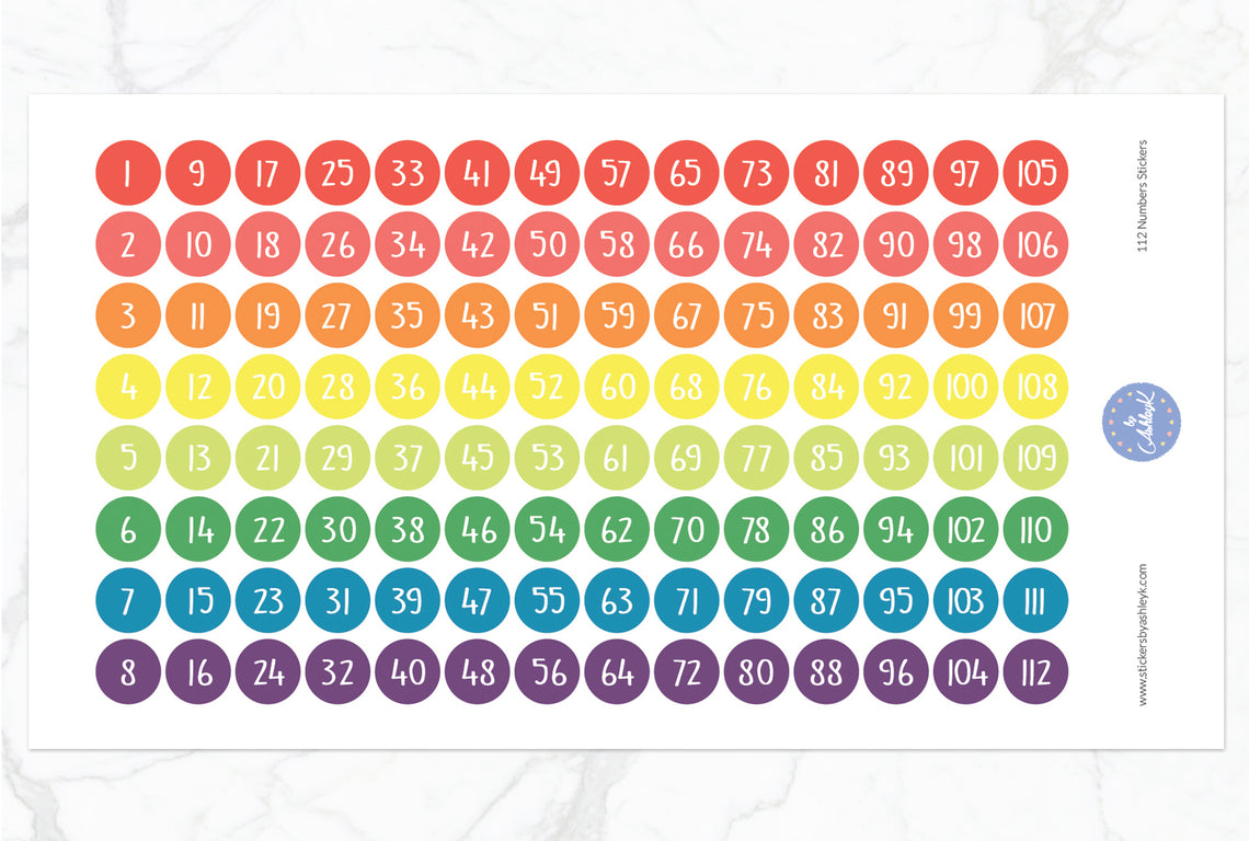 112 Numbers Stickers - Pastel Rainbow