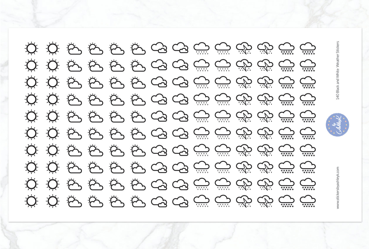 140 Black and White Weather Stickers - With Snow