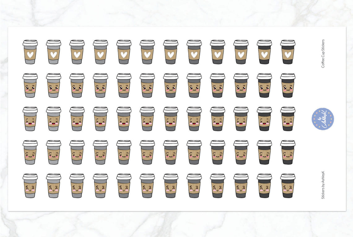 Cute Coffee Cup Stickers - Monochrome