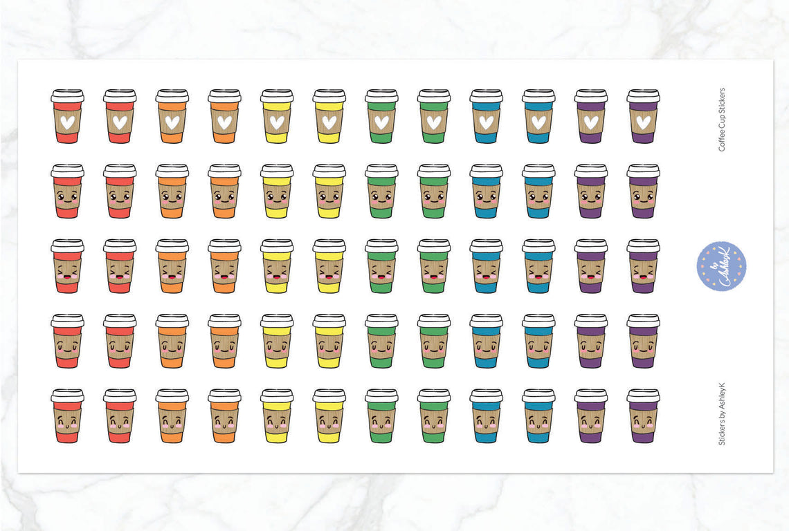 Cute Coffee Cup Stickers - Pastel Rainbow