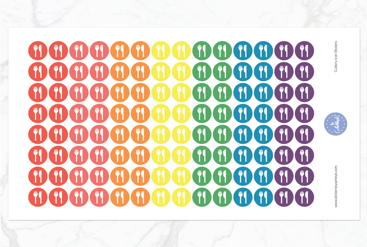 Cutlery Icon Round Stickers - Pastel Rainbow