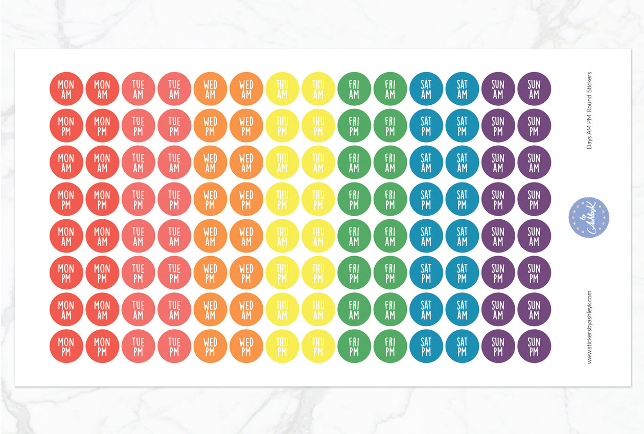 Days Am Pm Round Stickers - Pastel Rainbow