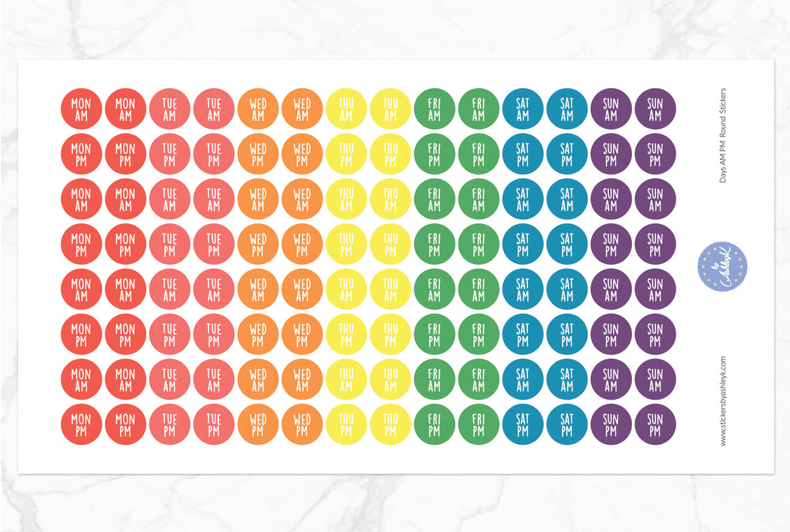 Days Am Pm Round Stickers - Pastel Rainbow