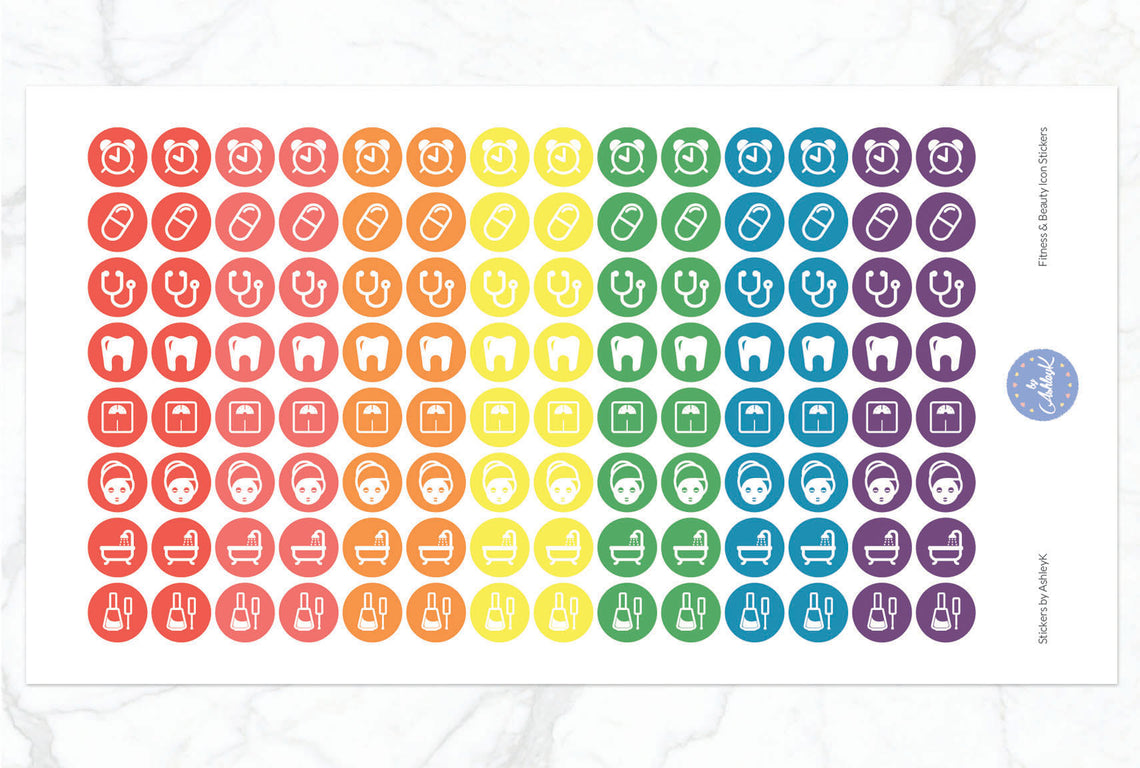 Fitness and Beauty Icon Stickers - Pastel Rainbow