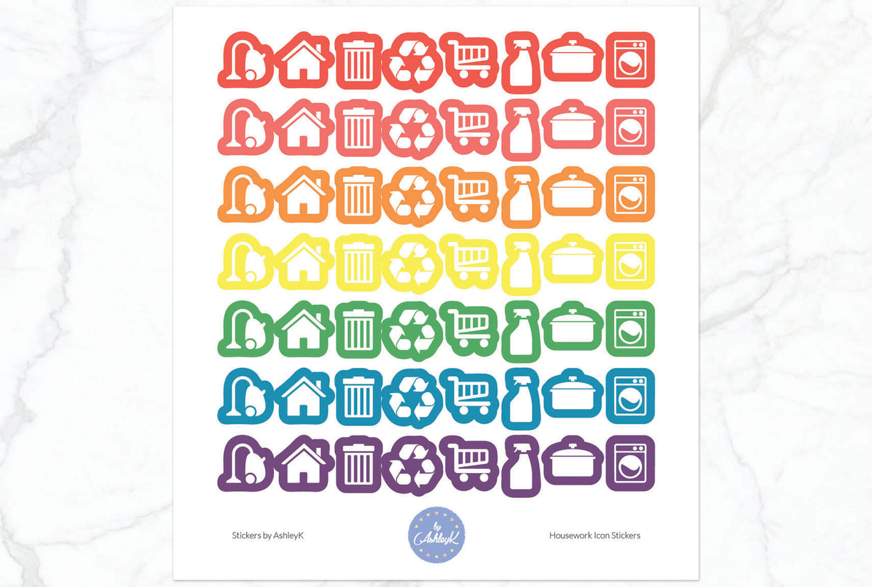 Housework Icon Stickers - Pastel Rainbow
