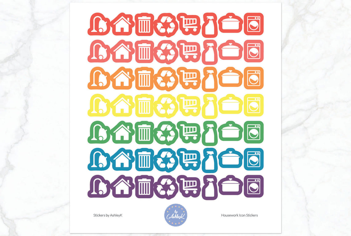 Housework Icon Stickers - Pastel Rainbow