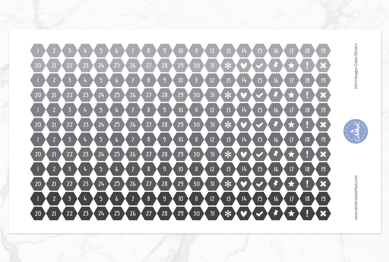 228 Mini Hexagon Dates Stickers - Monochrome