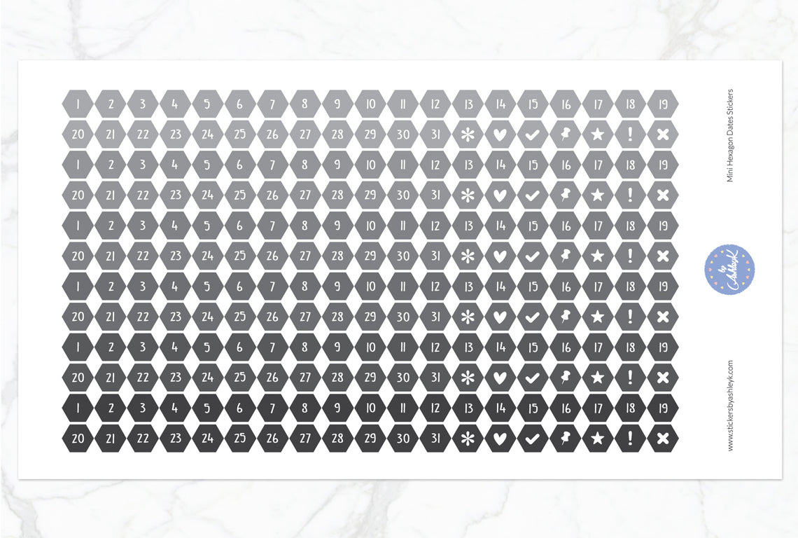 228 Mini Hexagon Dates Stickers - Monochrome