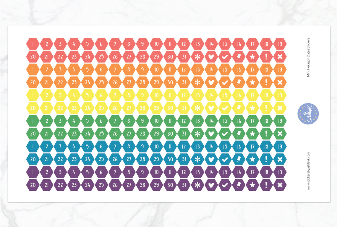 228 Mini Hexagon Dates Stickers - Pastel Rainbow