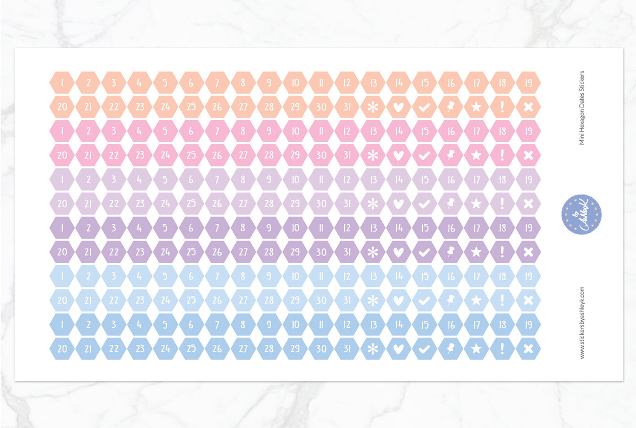 228 Mini Hexagon Dates Stickers - Pastel Sunset