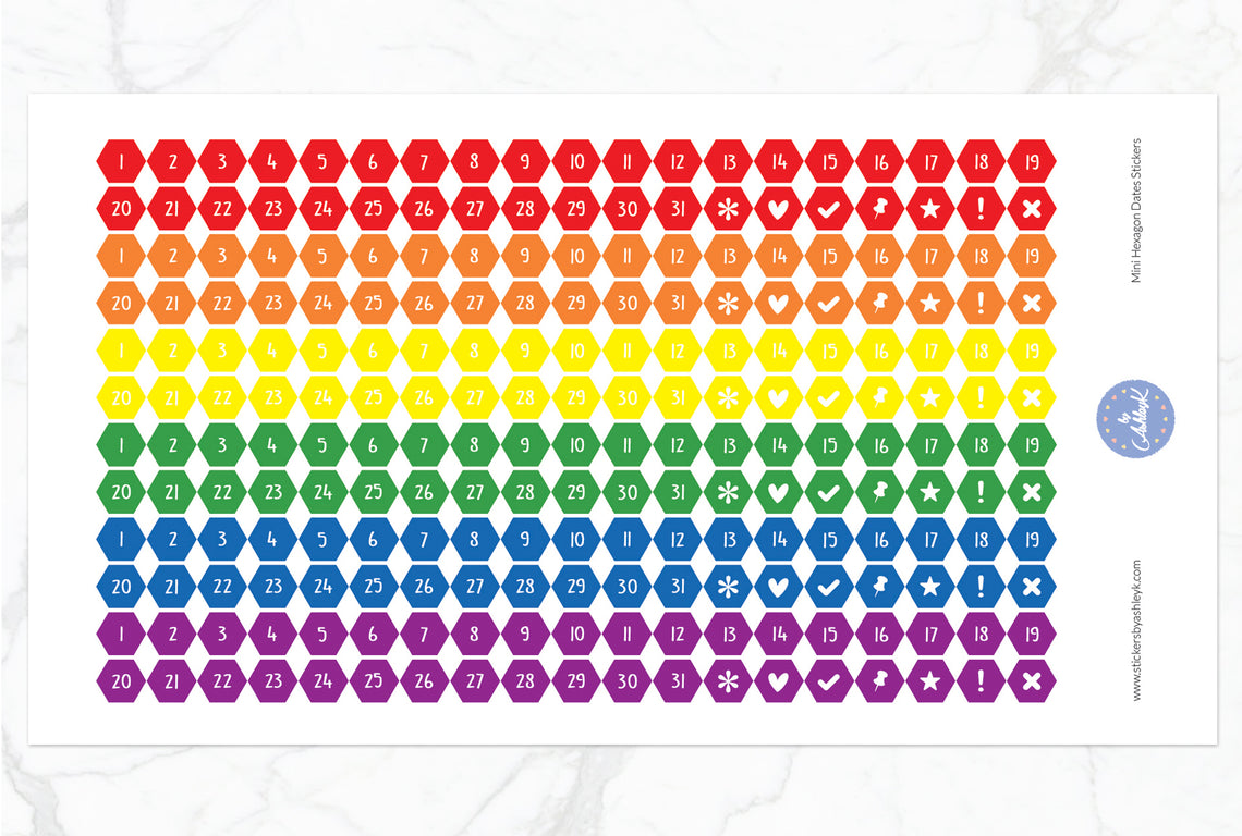 228 Mini Hexagon Dates Stickers - Rainbow