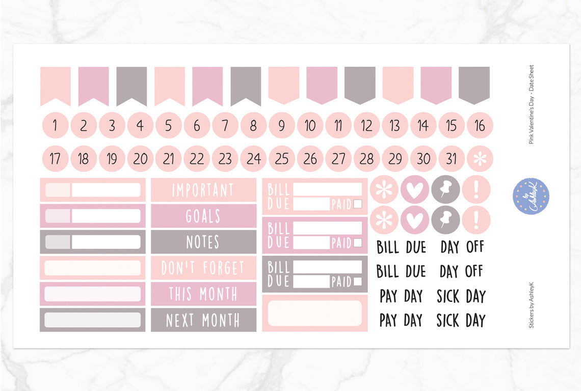 Pink Valentine's Day Weekly Kit  - Date Sheet
